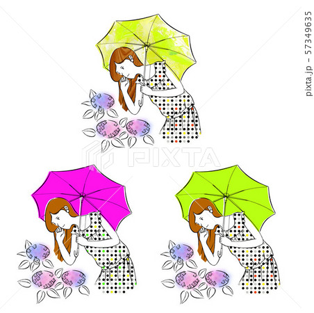 カットイラスト 女性 傘 あじさい かたつむり のイラスト素材