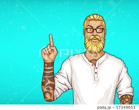 pop art tattooed bearded man points direction pop art tattooed bearded man points direction 57349653