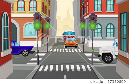 cartoon city crossroad with traffic lights - Stock Illustration [57350809]  - PIXTA