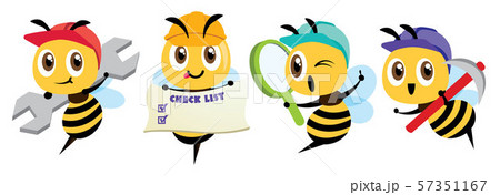 Cartoon cute bee mascot set. Cartoon cute bee holding a spanner, holding a signage, holding a magnifying glass, holding a hoe. Hardworking bee wearing safety cap. Flat Vector illustration isolated 57351167