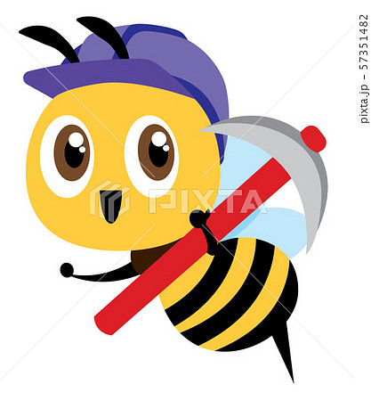 Cartoon cute bee wearing purple safety cap and holding a hoe tool. Cute mascot smiling bee. Flat design vector illustration isolated 57351482