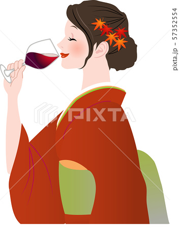 ワインを飲む着物姿の女性のイラスト素材