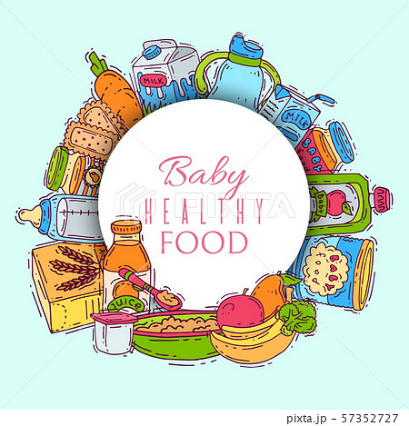 Complementary food for babies vector illustration. Baby bottles, puree jars, fruits and vegetables 57352727