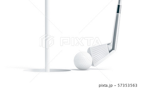 Blank white golf ball near hole with stick mockup Blank white golf ball near hole with stick mockup 57353563