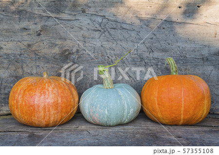 Beautiful three pumkins on the old wooden background with copy space 57355108