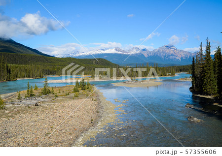 秋のカナディアンロッキー　アサバスカ川と山並み（黄葉なし）　ーアイスフィールド・パークウェイにて 57355606