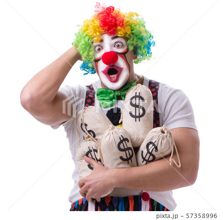 Funny clown with money sacks bags isolated on white background Funny clown with money sacks bags isolated on white background 57358996
