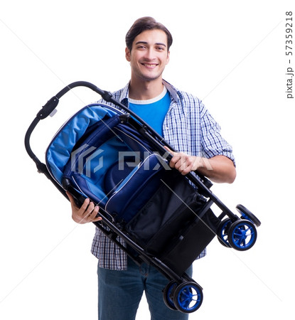 Young dad with baby pram isolated on white Young dad with baby pram isolated on white 57359218