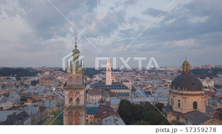 Aerial City Lviv, Ukraine. European City. Popular areas of the city. Town Hall Aerial City Lviv, Ukraine. European City. Popular areas of the city. Town Hall 57359278
