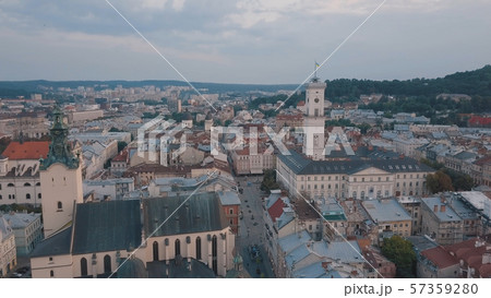 Aerial City Lviv, Ukraine. European City. Popular areas of the city. Town Hall Aerial City Lviv, Ukraine. European City. Popular areas of the city. Town Hall 57359280