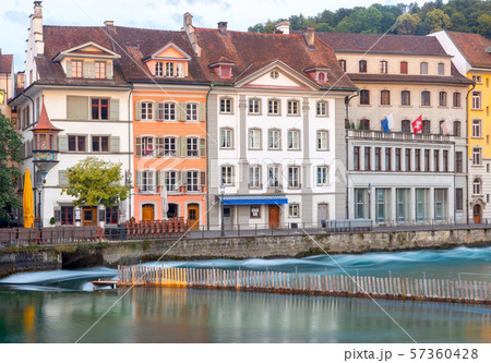 Lucerne. Old city embankment and medieval houses at dawn. Lucerne. Old city embankment and medieval houses at dawn. 57360428