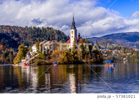 Bled, Slovenia panoramic view with church Bled, Slovenia panoramic view with church 57361021