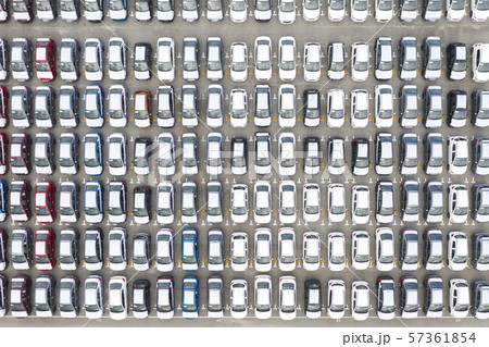 Top view of row new cars in logistic port export terminal 57361854