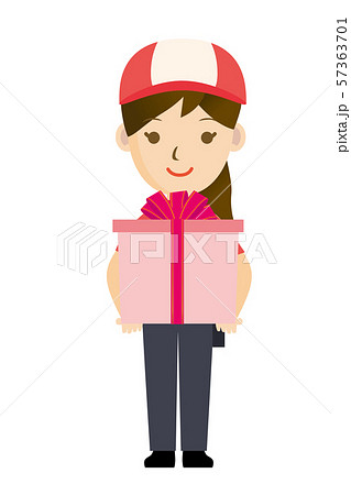 プレゼントを抱える配送員 配達員 ドライバーのイラスト 半袖シャツ ボーダー 女性のキャラクターのイラスト素材