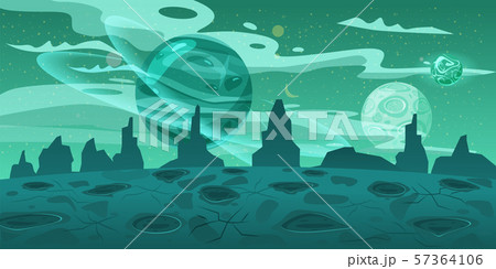 Fantasy space cartoon game concept background. Funny sci-fi alien planet landscape for a space Fantasy space cartoon game concept background. Funny sci-fi alien planet landscape for a space 57364106