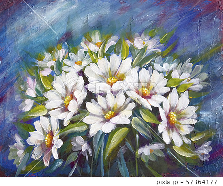 Wild meadow flowers daisies bouquet oil paintingのイラスト素材