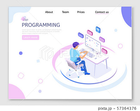 Programmer isometric character. Programming concept, web engineer at work. 57364376