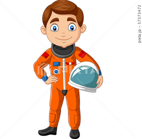 Cartoon boy astronaut holding helmet 57373472