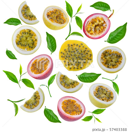 passion fruit and green tea leaf isolated on white passion fruit and green tea leaf isolated on white 57403388