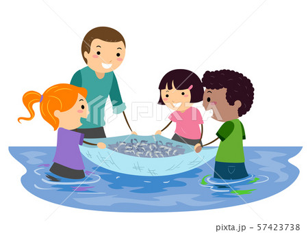 Stickman Kids Study Fish Net Illustration 57423738