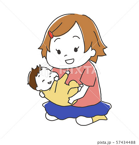笑っている赤ちゃんを抱っこする女の子のイラスト素材