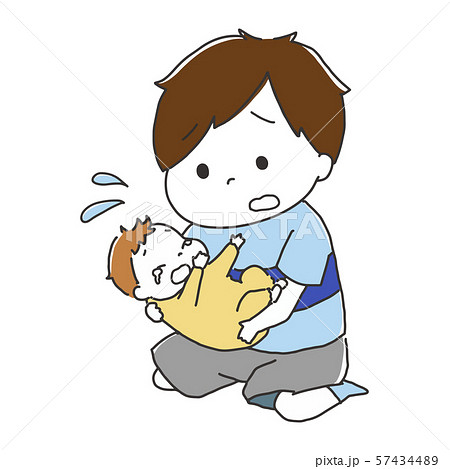 泣いている赤ちゃんを抱っこする男の子のイラスト素材