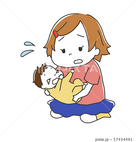 泣いている赤ちゃんを抱っこする女の子のイラスト素材