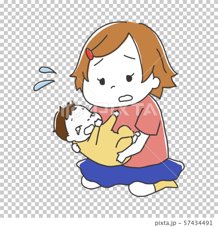 泣いている赤ちゃんを抱っこする女の子のイラスト素材
