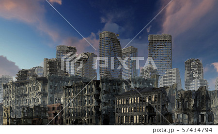 Ruins of a city apocalyptic landscape 3d illustration concept Ruins of a city apocalyptic landscape 3d illustration concept 57434794