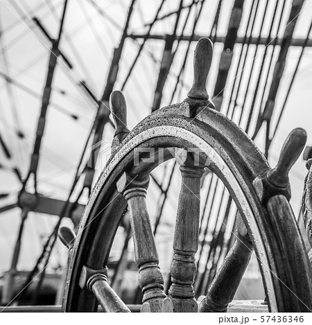 Ship's Bell and wheel the old sailboat, close-up 57436346