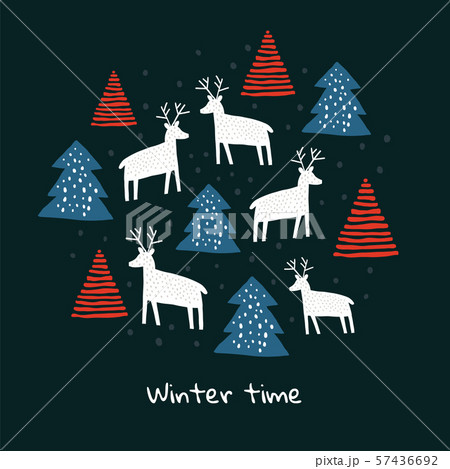 Circle illustration with deers silhouette, pines Circle illustration with deers silhouette, pines 57436692