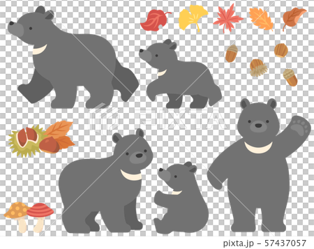 ツキノワグマの親子と秋モチーフのイラストセットのイラスト素材