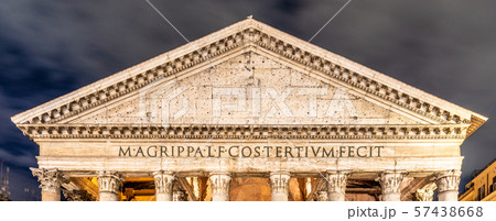 Pantheon - former Roman temple. Detailed view of tympanum. Piazza della Rotonda by night, Rome 57438668