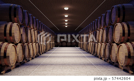 Wine cellar with large wooden barrels 57442604