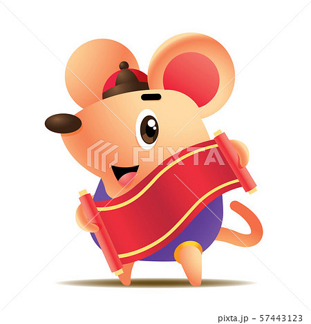 Cartoon cute little rat holds chinese calligraphy scroll. Rat chinese new year 2020. Translation: Good luck in rat year - vector mascot 57443123