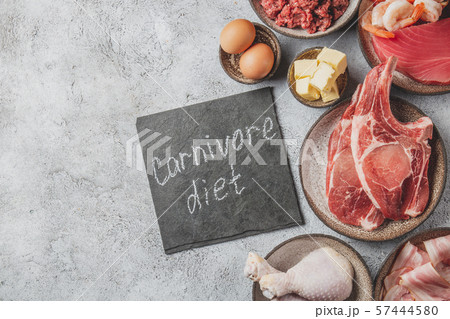 Selection food for CARNIVORE DIET. Seafood, Meat, megs and fat. Zero carbs diet concept 57444580