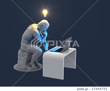 Sculpture Thinker With Laptop And Glowing Light Bulb Over His Head As Symbol Of New Idea. Blue Background 57444755