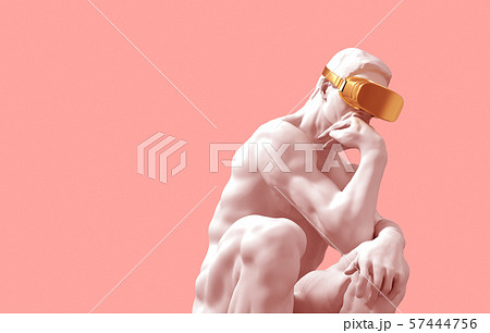 Thinker With Golden VR Glasses Over Pink Background. 3D Illustration. Thinker With Golden VR Glasses Over Pink Background. 3D Illustration. 57444756