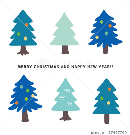 おしゃれな寒色のクリスマスツリーのセットのイラスト素材