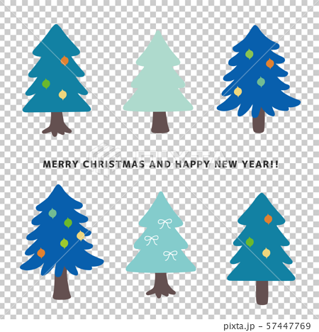 おしゃれな寒色のクリスマスツリーのセットのイラスト素材