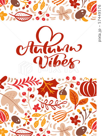 greeting card with text Autumn Vibes. Orange leaves of maple, september, october or november foliage greeting card with text Autumn Vibes. Orange leaves of maple, september, october or november foliage 57449576