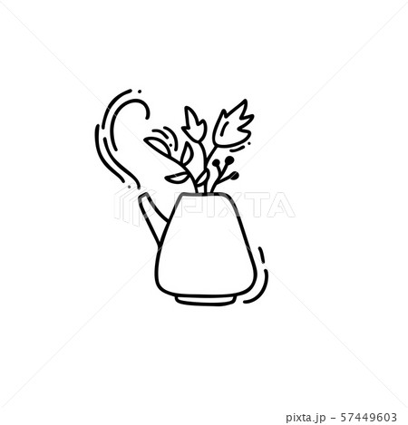 Hand drawn vector doodle illustration of tea kettle with leaves. Teapot icon line symbol. Monoline 57449603
