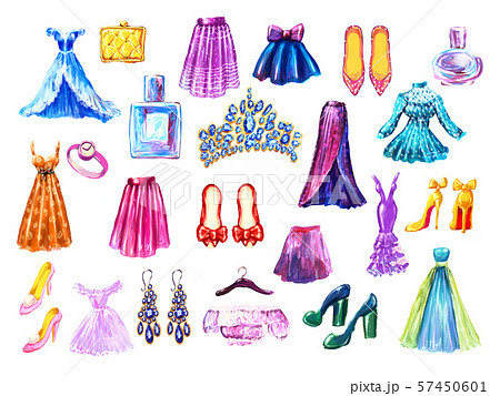 Fashion set. Watercolor hand drawn collection of dresses and accessories 57450601
