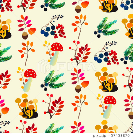Autumn vector seamless pattern with berries, acorns, pine cone, mushrooms, branches and leaves. Autumn vector seamless pattern with berries, acorns, pine cone, mushrooms, branches and leaves. 57453870