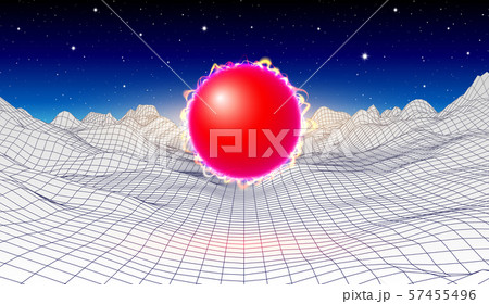 80s synthwave styled landscape with red power or plasma ball and grid mountains on arcade planet 57455496