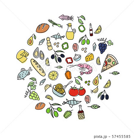 Set of doodles, hand drawn rough simple Italian cuisine food sketches. Vector illustration 57455585