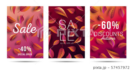 Set of Autumn Sale Posters with falling leaves texture backdrop, shopping sale or promo posters or 57457972