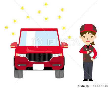 車と整備士のイラスト（女性・作業服）｜点検・整備・洗車のイメージ｜SUV車 57458040