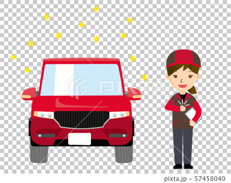 車と整備士のイラスト（女性・作業服）｜点検・整備・洗車のイメージ｜SUV車 57458040