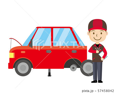 車と整備士のイラスト 男性 作業服 点検 整備 タイヤ交換のイメージ セダンのイラスト素材